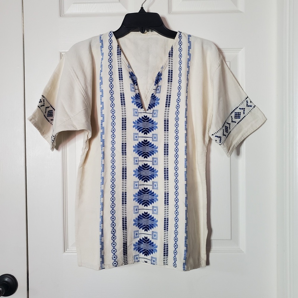 Guatemalan Ivory Woven Embroidered Shirt Pullover Men's Small Vacation Costal